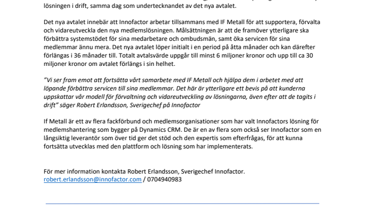 IF Metall och Innofactor sluter nytt avtal kring vidareutveckling och förvaltning
