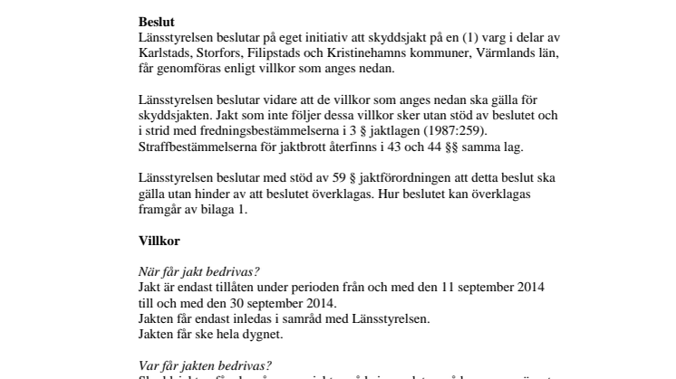 Beslut om skyddsjakt på varg i Karlstads, Storfors, Kristinehamns och Filipstads kommuner