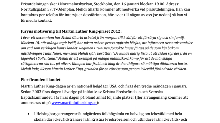Välkommen till utdelningen av Martin Luther King-priset 2012 - och till firanden runtom i Sverige den 16 januari