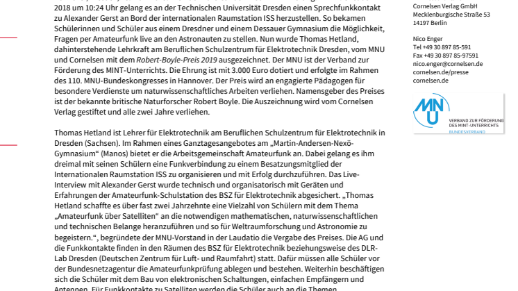 Robert-Boyle-Preis vom MNU und Cornelsen für Thomas Hetland aus Sachsen 