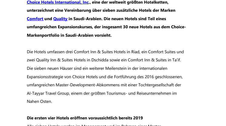 Expansion nach Plan: Sieben neue Choice Hotels in Saudi-Arabien