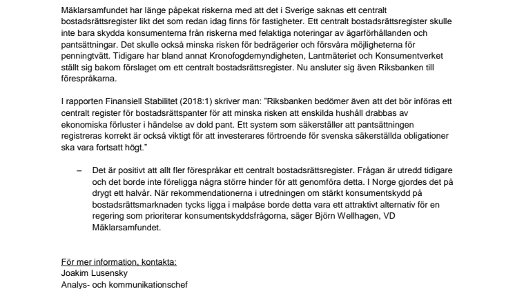 Riksbanken vill ha centralt bostadsrättsregister