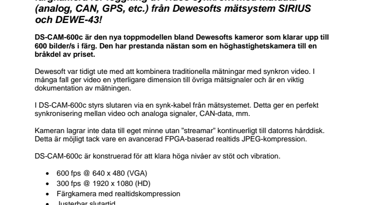 DS-CAM-600c – Färgkamera för loggning av video synkront med mätdata 