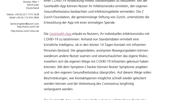 Zurich unterstützt GeoHealth, um die Verbreitung von COVID-19 einzudämmen 