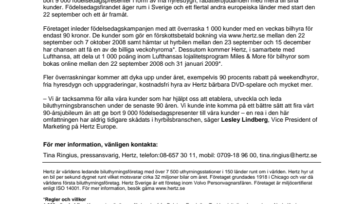 Hertz firar 90 år med stor rea på hyrbilar