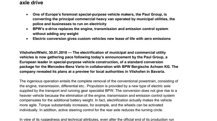 Out with the diesel engine and in with the electric axle – market leader in special-purpose truck construction initiates standard electrification programme for municipal utility vehicles with BPW axle drive