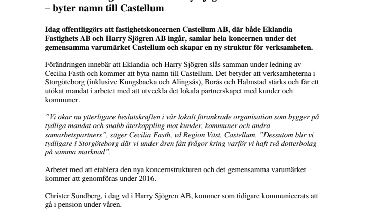Eklandia Fastighets AB och Harry Sjögren AB slås samman - byter namn till Castellum
