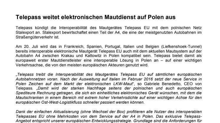 Telepass weitet elektronischen Mautdienst auf Polen aus