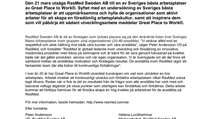 ResMed Sweden AB är en av Sveriges bästa arbetsplatser