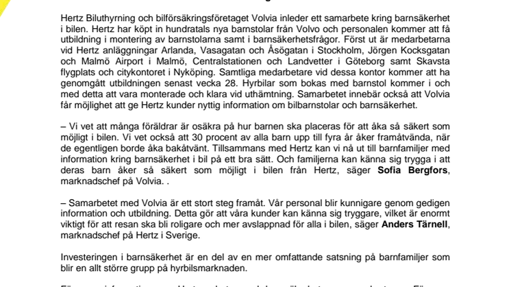 Bättre barnsäkerhet i Hertz hyrbilar genom samarbete med Volvia
