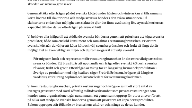 Restaurangbranschen i gemensamt upprop för att öka efterfrågan på svenska råvaror