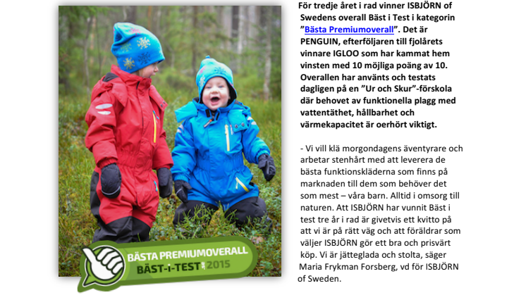 ISBJÖRNS vinteroverall PENGUIN testvinnare hos Bäst-i-Test - 10 poäng av 10 möjliga