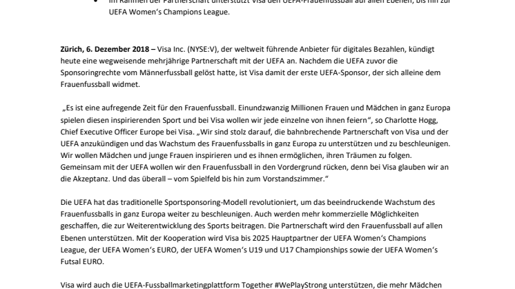 Visa und UEFA schliessen wegweisende  Frauenfussball-Partnerschaft 