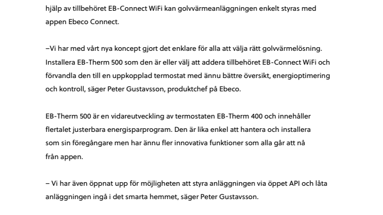 Ebeco lanserar golvvärmetermostat förberedd för wifi