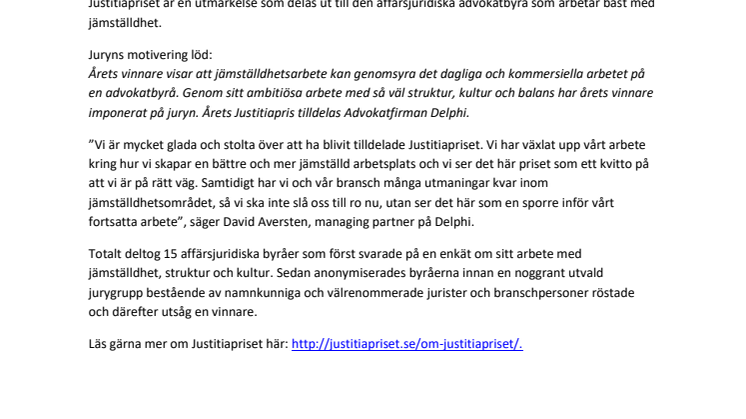 Delphi belönas med Justitiapriset 2017 för sitt engagemang i jämställdhetsfrågor