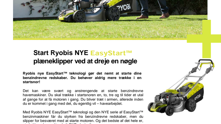 Start Ryobis NYE EasyStart™ plæneklipper ved at dreje på nøglen