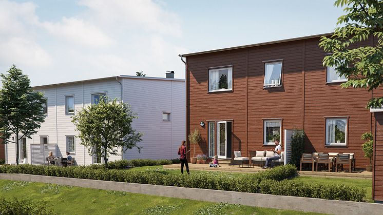 Illustration av trädgårdssida med altaner & grästäppor, BoKlok Sargen i Östersund. 