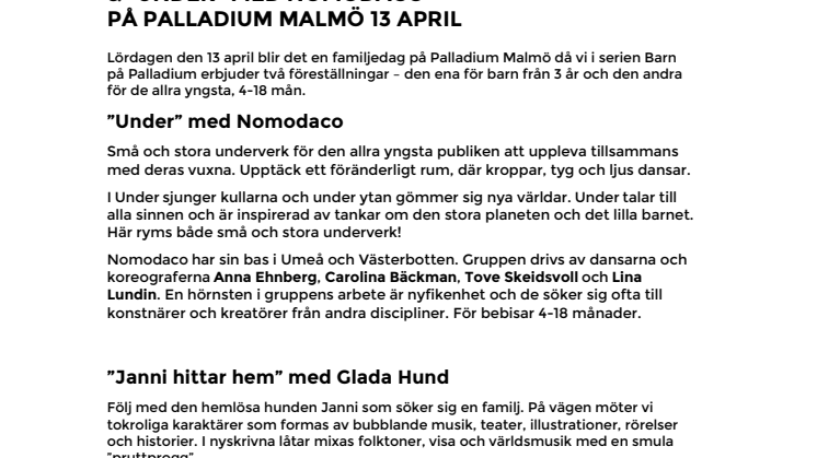 Familjedag på Palladium – "Janni hittar hem" med Glada Hund & "Under" med Nomodaco på Palladium Malmö 13 april