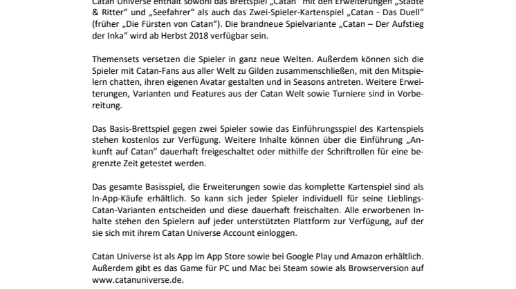 Presseinformation Catan Universe - September 2018