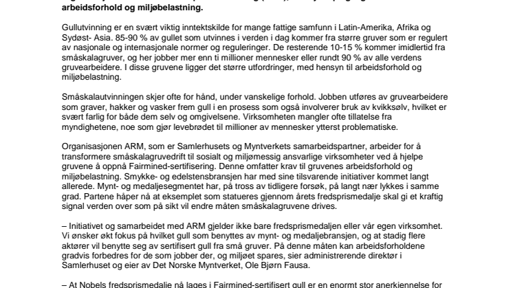 Norsk initiativ gir første Nobels fredsprismedalje i sertifisert, rettferdig gull