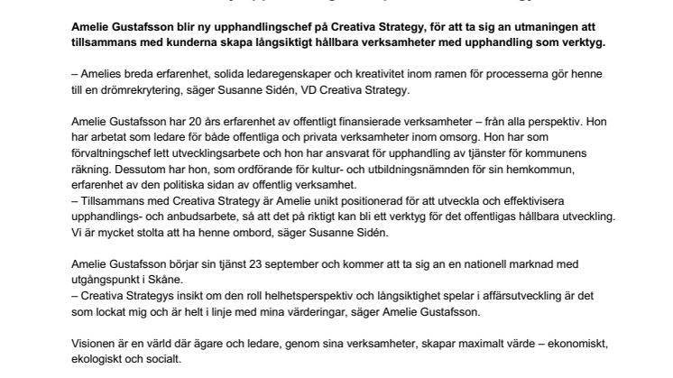 Amelie Gustafsson ny upphandlingschef på Creativa Strategy