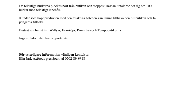 Axfood återkallar Garant pastasås Primavera
