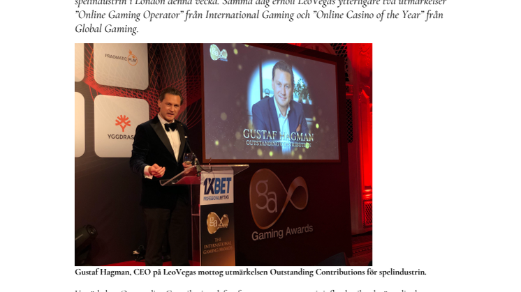 LeoVegas gör hattrick – mottar 3 utmärkelser; Outstanding Contributions Award för spelbranschen, Online Gaming Operator och Online Casino of the Year