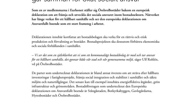 Europeiskt nätverk för bostadsföretag går samman för ökat socialt ansvar