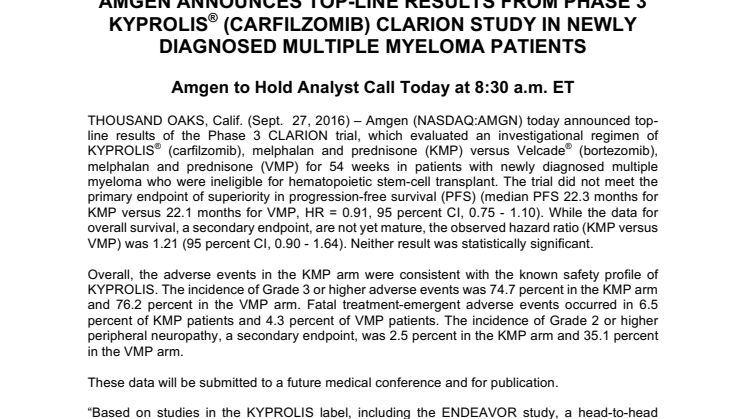 Amgen announces top-line results from Phase 3 Kyprolis (Carfilzomib) CLARION STUDY in newly diagnosed multiple myeloma patients
