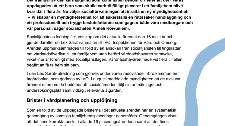 Tibro kommun inrättar ny myndighetsenhet för att åtgärda brister i barnärenden