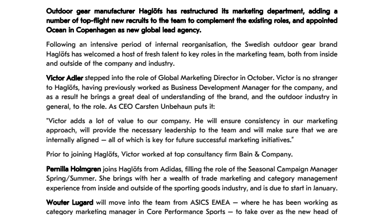HAGLÖFS RECRUITS NEW MARKETING TALENT AND APPOINTS GLOBAL LEAD AGENCY 