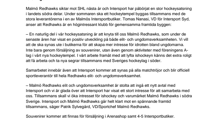 Malmö Redhawks och Intersport tillsammans mot nya segrar
