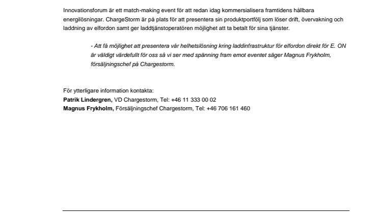 LEAD-bolaget ChargeStorm gästar E.ONs Innovationsforum i Malmö 27 april