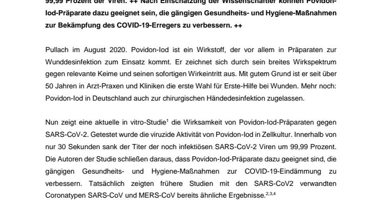 Povidon-Iod wirkt schnell und effektiv gegen SARS-CoV-2