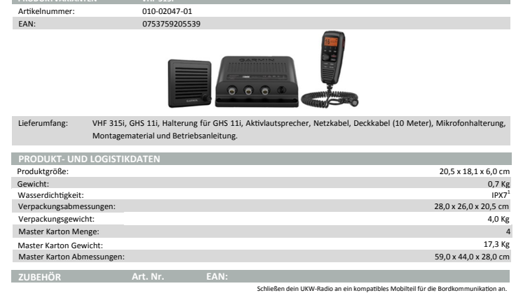 Datenblatt Garmin VHF315i