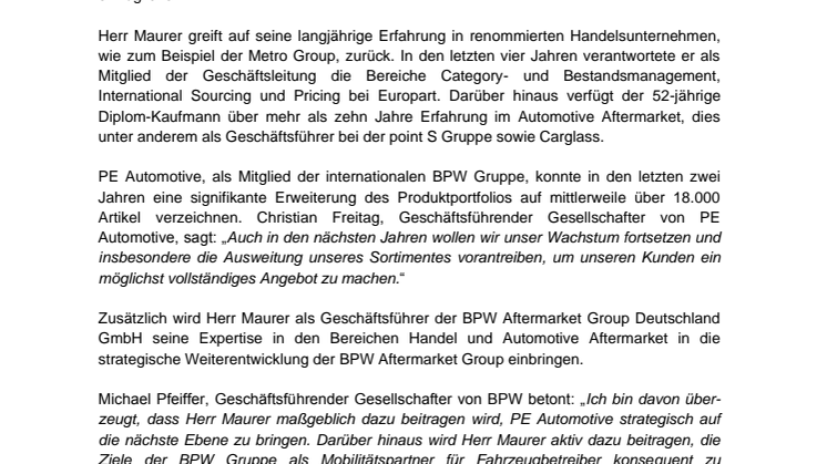 Umstrukturierung der PE-Geschäftsleitung: PE Automotive vollzieht weiteren Entwicklungsschritt
