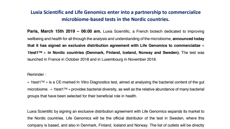 Luxia Scientific and Life Genomics enter into a partnership to commercialize microbiome-based tests in the Nordic countries.