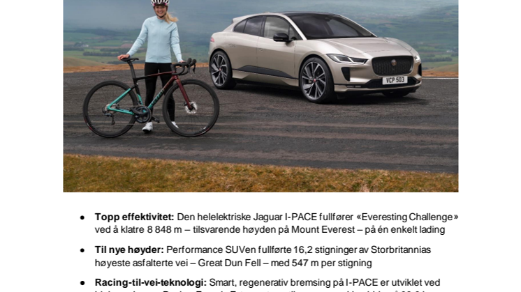 Jaguar I-PACE fullfører Mount Everest-utfordring på én enkelt lading med olympisk sykkelstjerne bak rattet