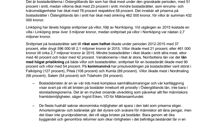 Bostadsbristen har skapat rekordhög prisutveckling i Östergötlands län åren 2012-2015