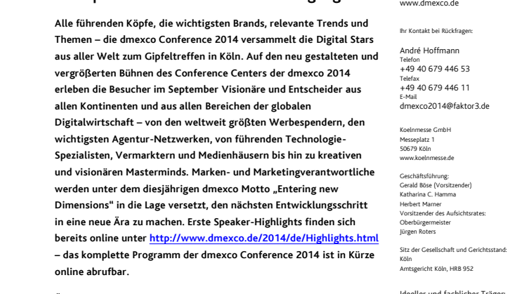 Gipfeltreffen der globalen Digital Stars: dmexco 2014 präsentiert erste Conference-Highlights
