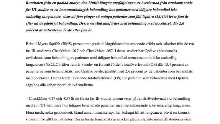 ​Bristol-Myers Squibb presenterar poolade resultat avseende femårsöverlevnad för Opdivo vid behandling av patienter med tidigare behandlad icke-småcellig lungcancer