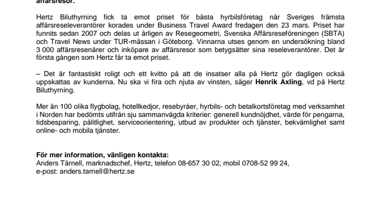 Hertz bästa hyrbilsföretaget enligt affärsresenärerna