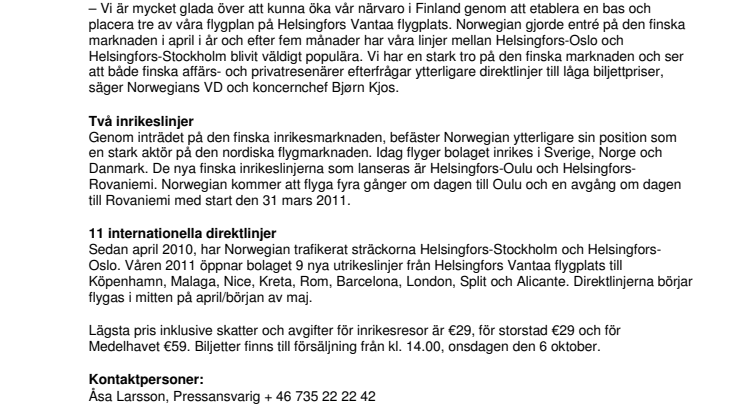 Norwegian ökar sin närvaro i Finland med 100 avgångar i veckan