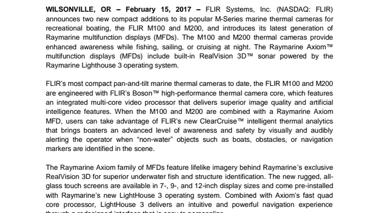FLIR: FLIR to Unveil Compact Marine Thermal Cameras and New Line of 3D Sonar-Equipped Raymarine® Navigation Displays at Miami International Boat Show