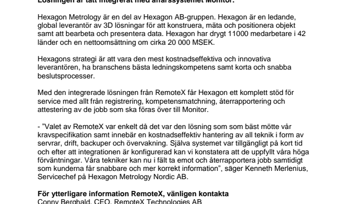 Hexagon Metrology Nordic väljer RemoteX för serviceorderhantering
