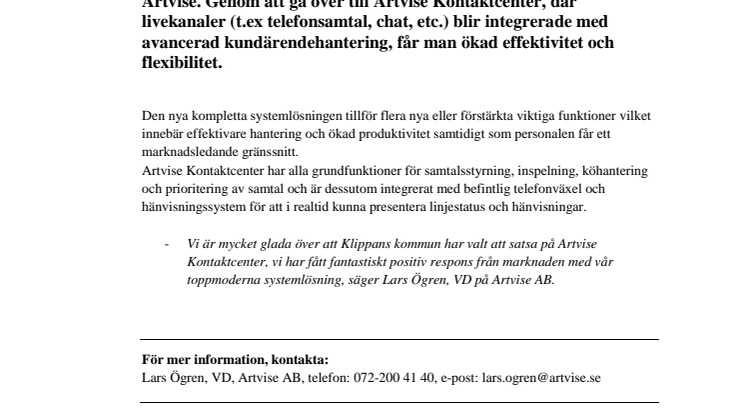 Klippans kommun väljer Artvise Kontaktcenter!