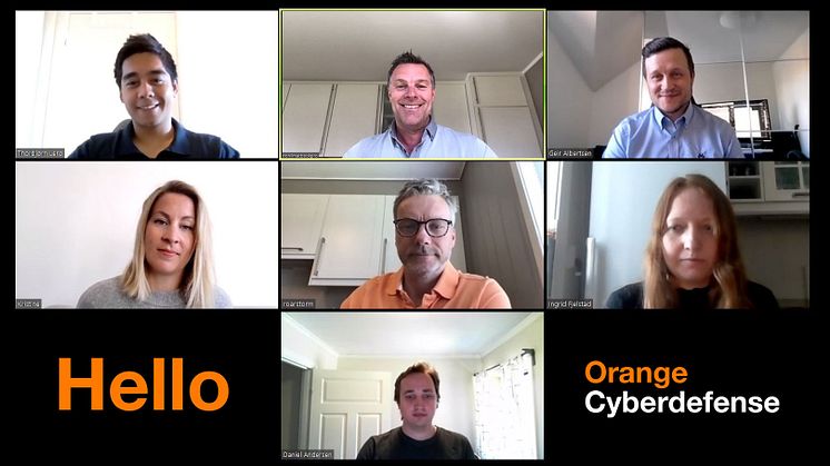 Nyansatte i Orange Cyberdefense er kommet godt i gang med arbeidet fra sine hjemmekontor. Øverst fra venstre: Torbjørn Lerø, Thomas Kronen og Geir Albertsen. Midtre rekke: Kristine Reme, Roar Storm og Ingrid Fjelstad. Nederst: Daniel Andersen.