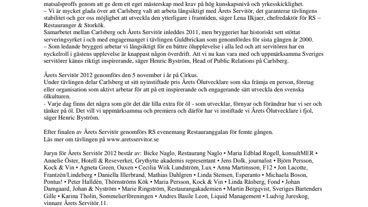 Carlsberg och Årets Servitör i treårigt samarbete