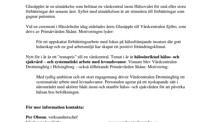 Glasäpplet till Vårdcentralen Sjöbo - Temapris till Drottninghög, Helsingborg
