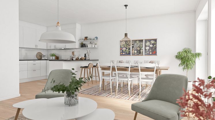 Brf Rydsgårds Ängar - 3D-bild av kök/matrum/vardagsrum